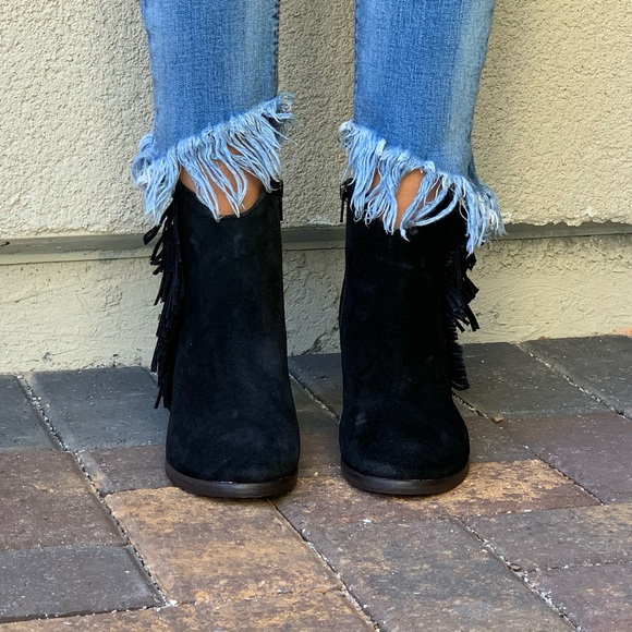 Distressed Black Suede Leather Fringe Ankle Boot - Picture 5 of 8